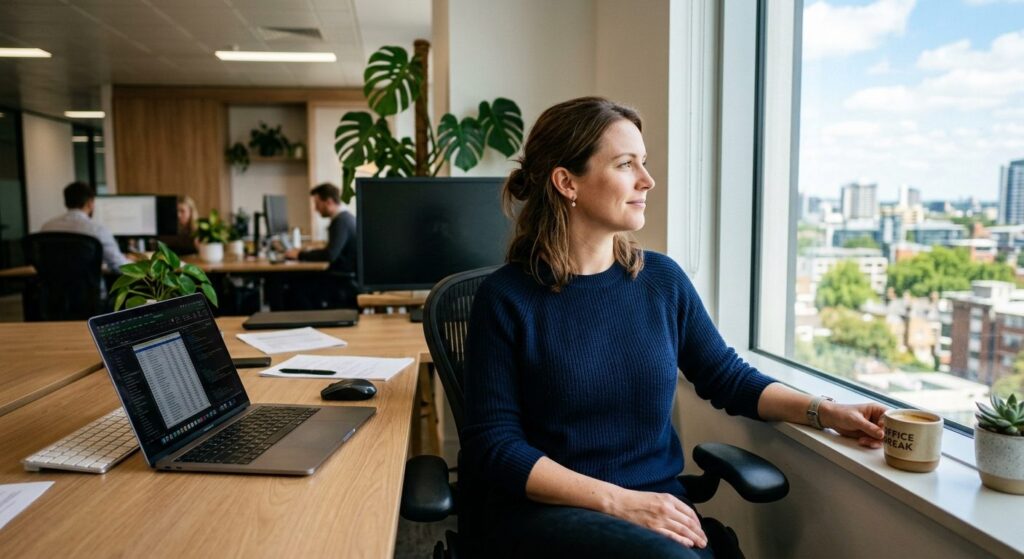 Professionel mand tager pause fra skærmarbejde og kigger væk mod lys vindue for at reducere stress