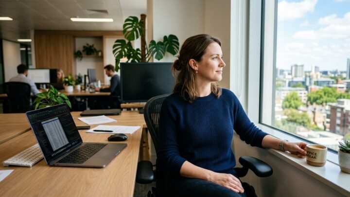 Professionel mand tager pause fra skærmarbejde og kigger væk mod lys vindue for at reducere stress