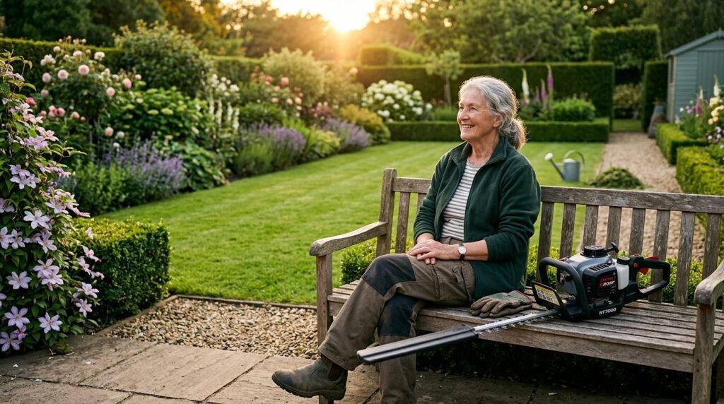 A garden owner sitting peacefully on a bench after completin
