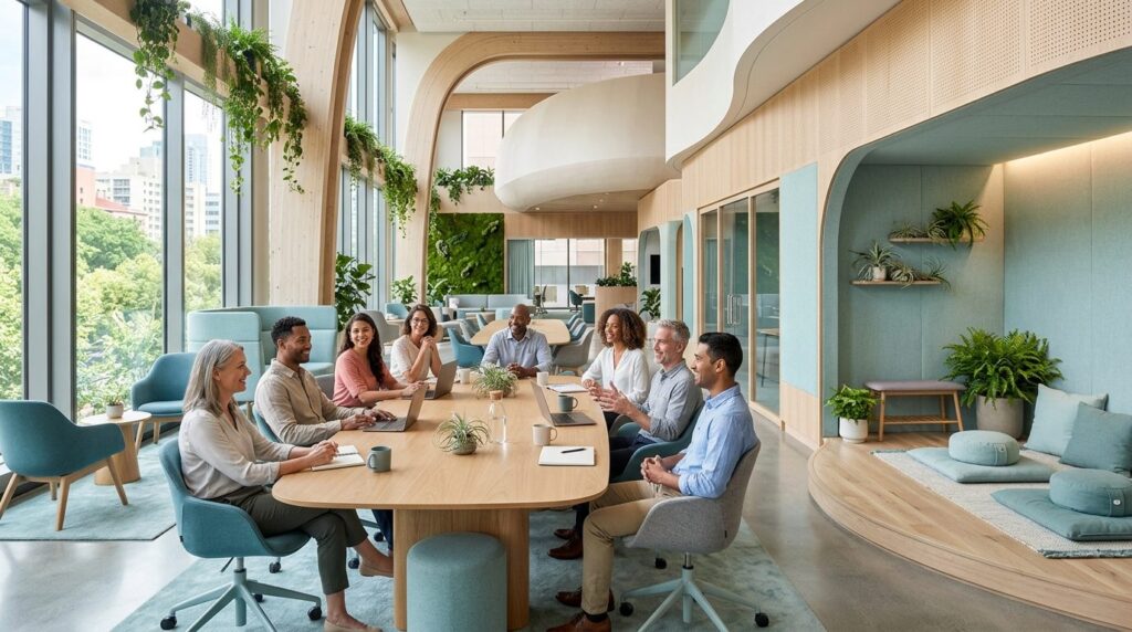 Bright open meeting space with high ceilings, curved organic
