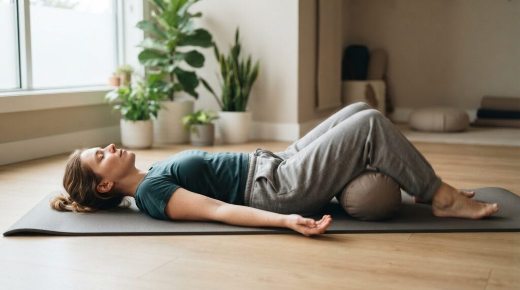 Full body shot of a person lying on a comfortable therapy ma