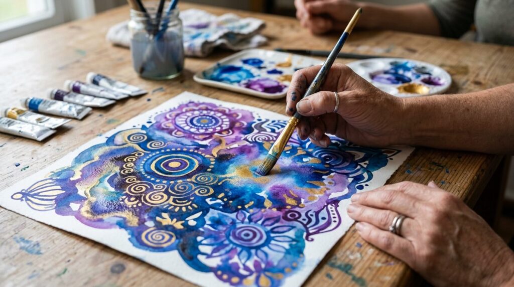 Close-up of hands creating art during therapy - watercolor b