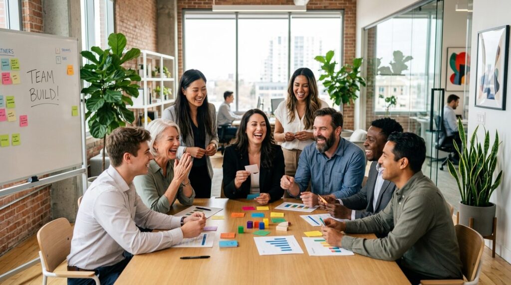 Wide shot of a mixed-age team of professionals in an office 