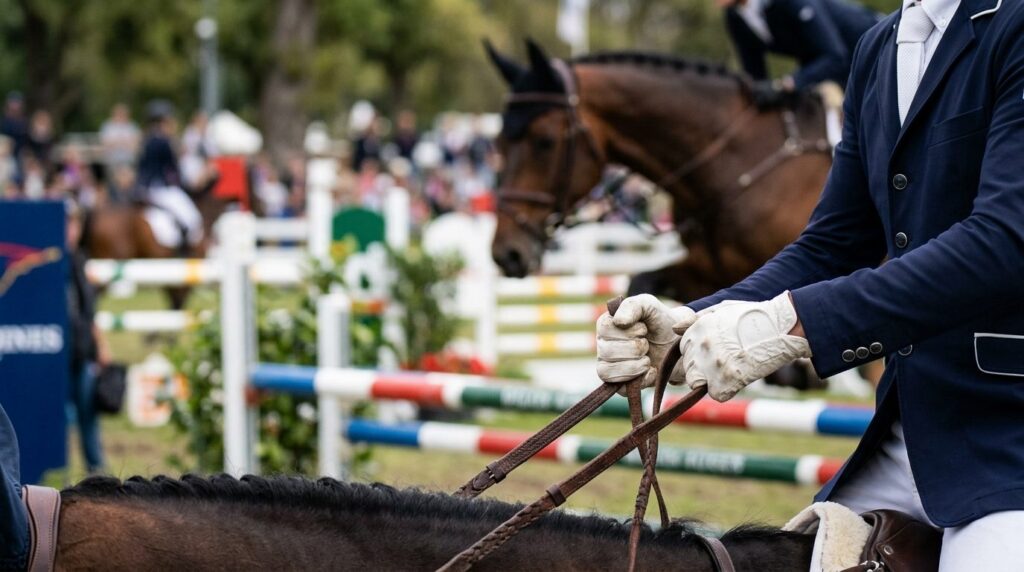 Close-up of competitive show jumpers hands holding reins wi