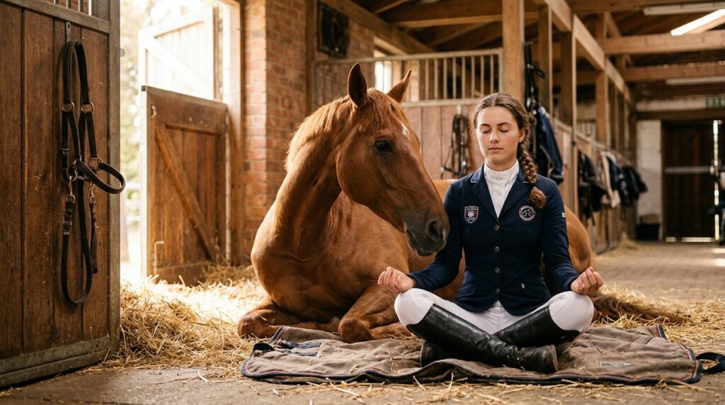 Young ambitious equestrian athlete in riding jacket sitting