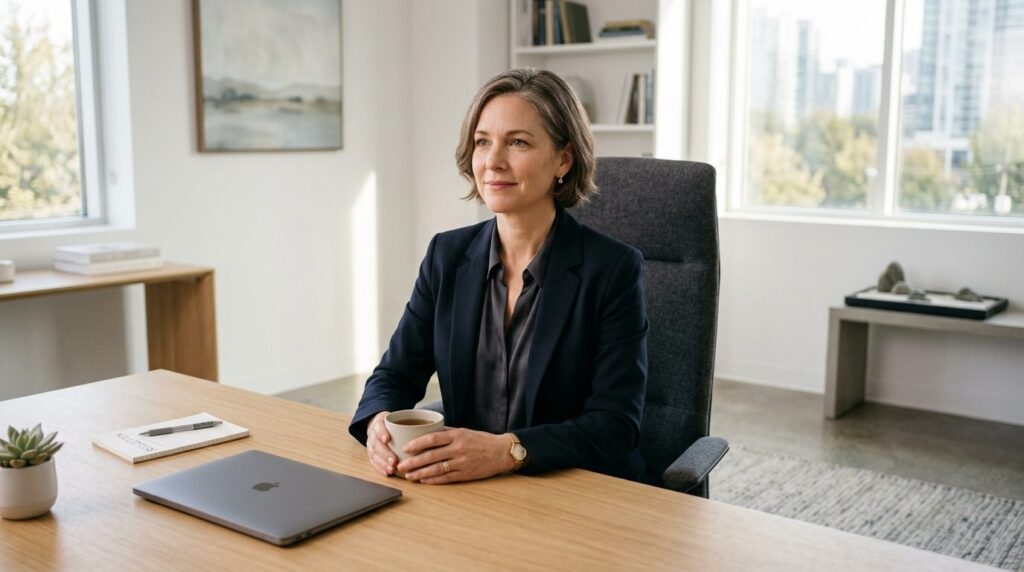 Photorealistic photograph of a calm, centered leader in prof