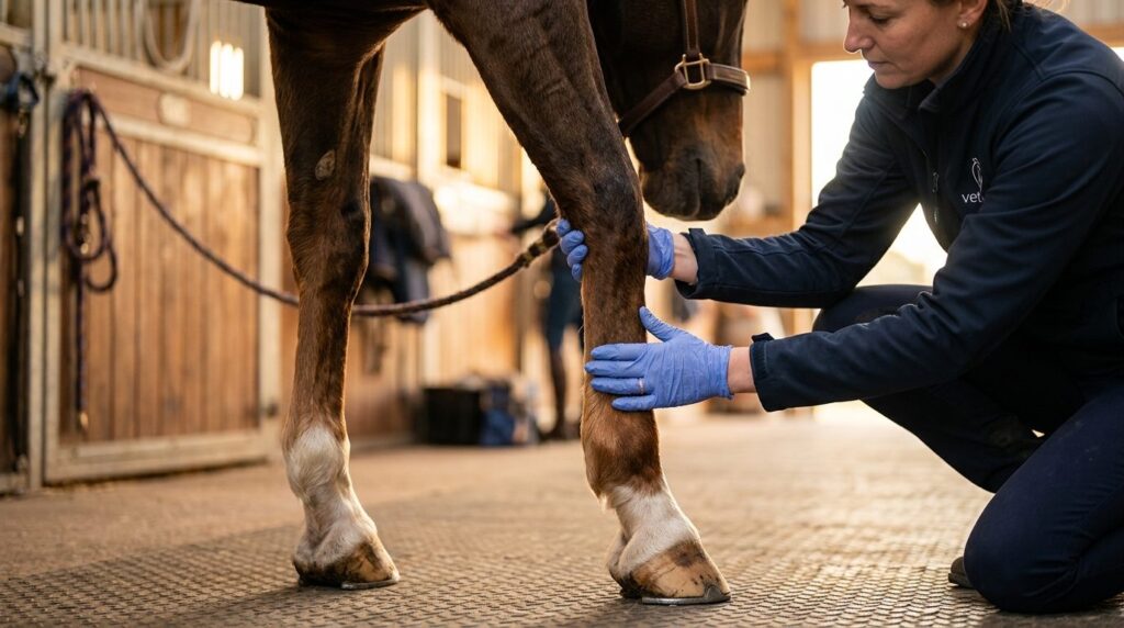 Close-up detail of horses leg with veterinary hand performi