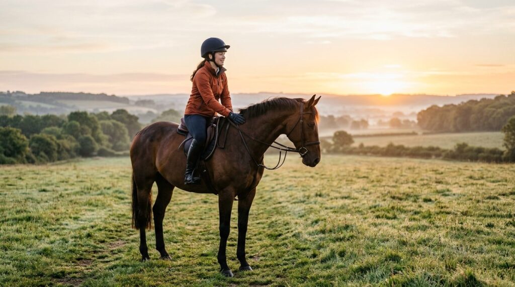Female rider in riding helmet sitting on horse in open field