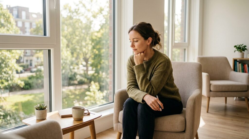 Photorealistic image of a thoughtful person sitting by a lar