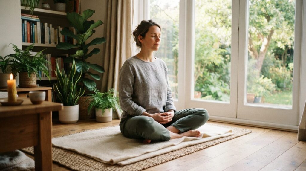 Serene photograph of a person practicing mindfulness meditat