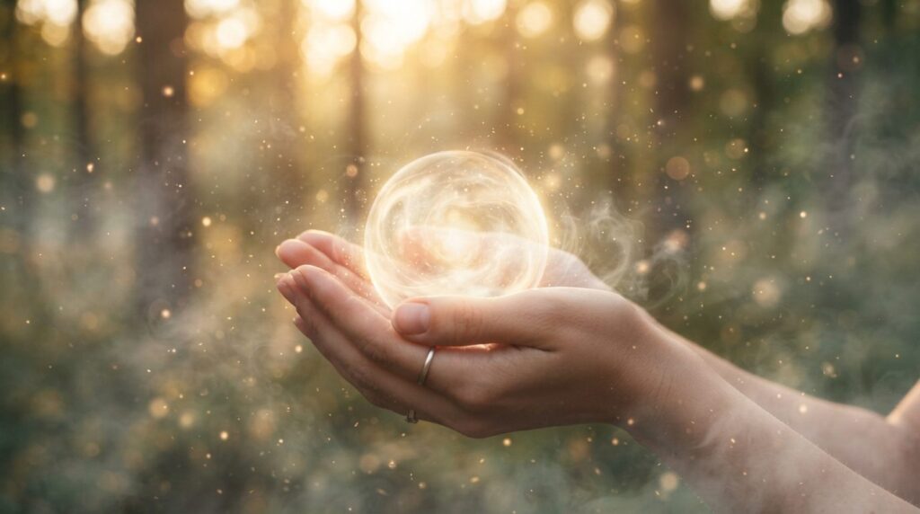 Photorealistic close-up of hands holding a glowing crystal o