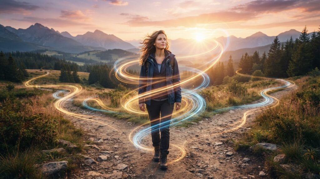 Photorealistic image of a person standing at a crossroads or