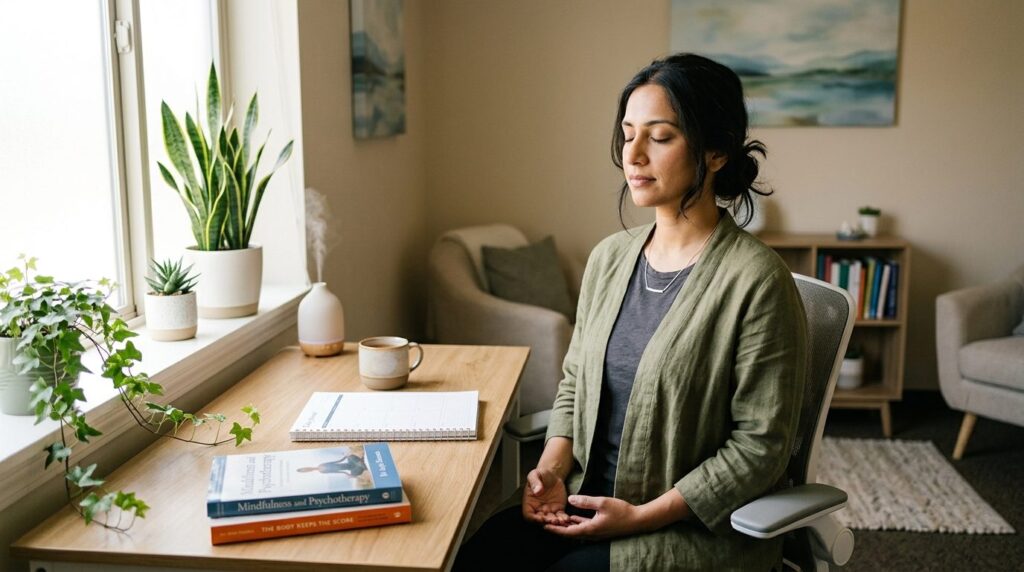 Serene photograph of a female therapist with closed eyes pra
