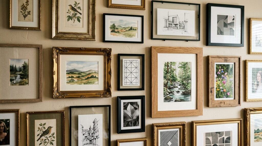Close-up detail shot of an artfully arranged gallery wall sh