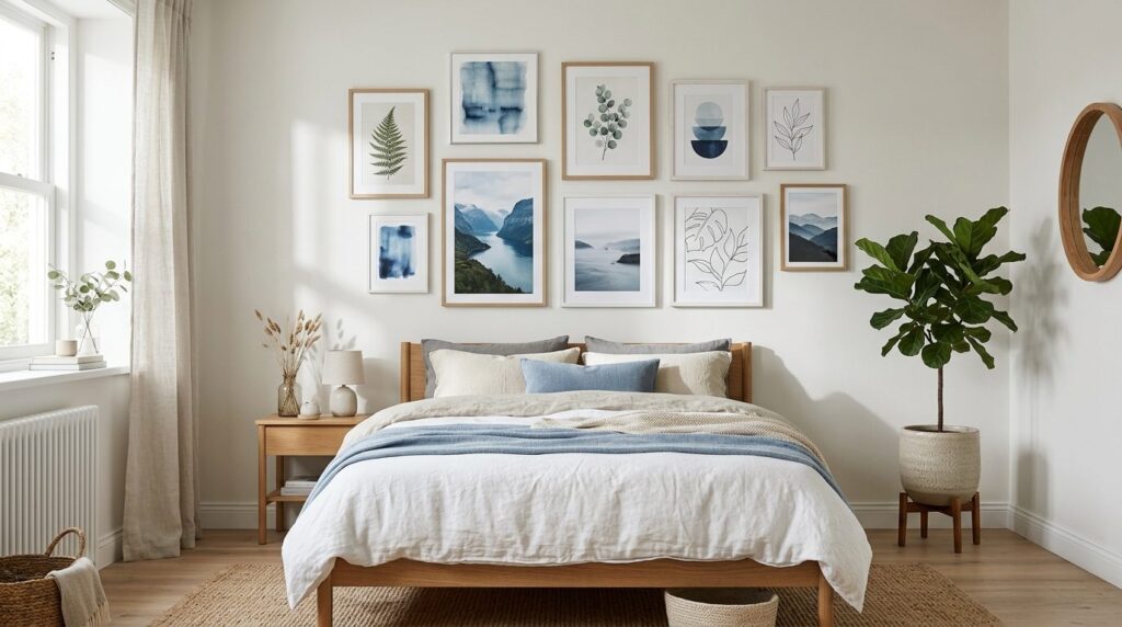 Wide angle shot of a Scandinavian-inspired bedroom interior