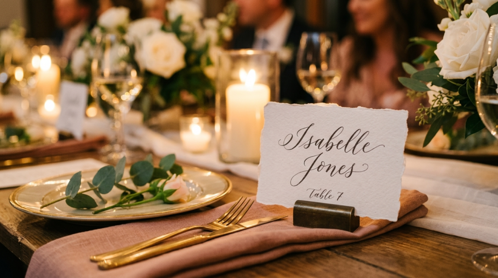 Close-up detail of a personalized place card with handwritte