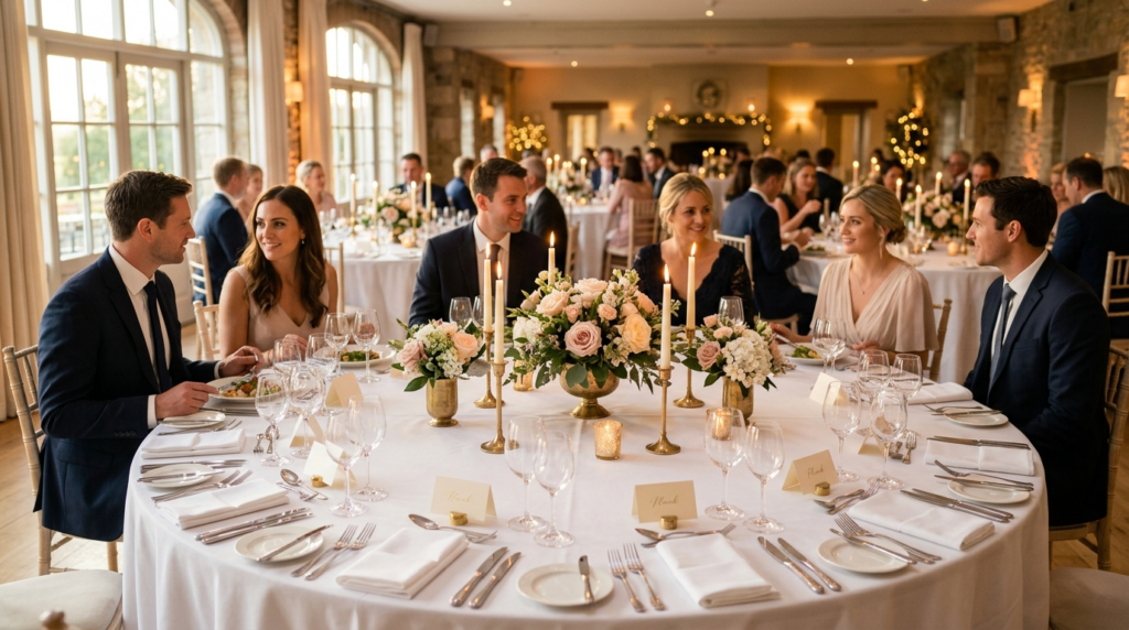Serene wide shot of a formally dressed table with multiple p