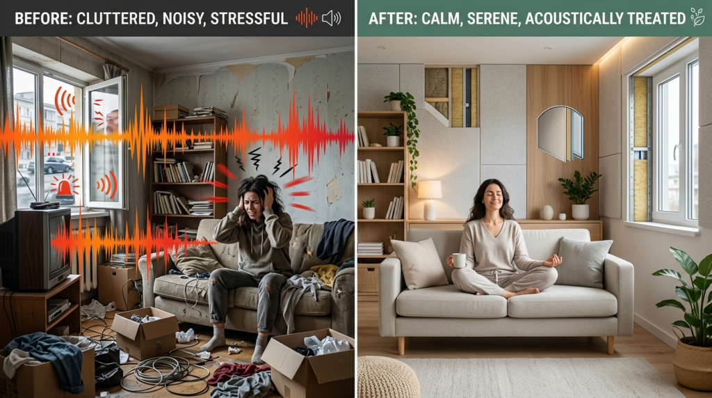 Photorealistic split-screen comparison image: left side show