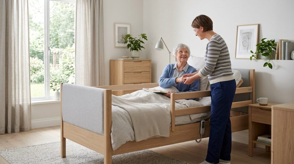 Professional photorealistic image of a caregiver standing be