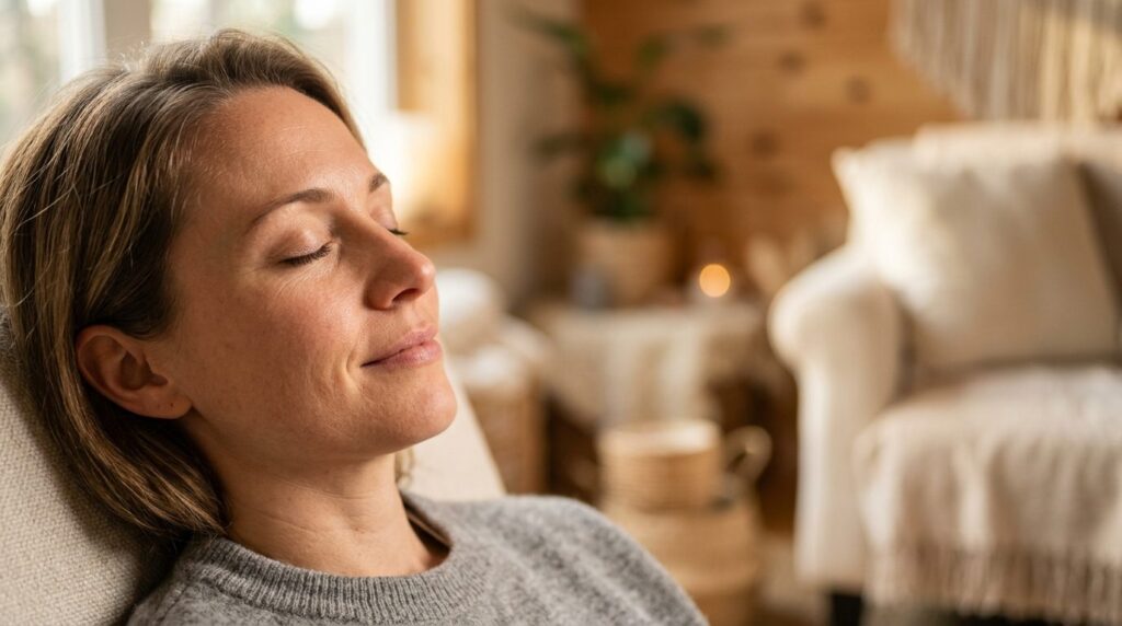 Close-up of a relaxed persons face with eyes closed, showin