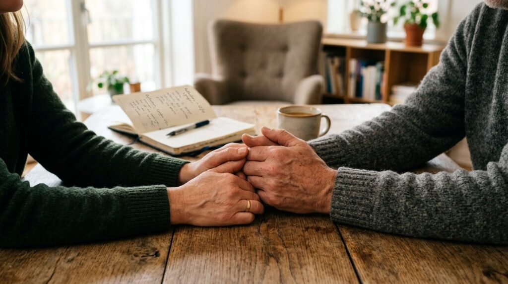 Close-up of two peoples hands clasped together on a wooden 