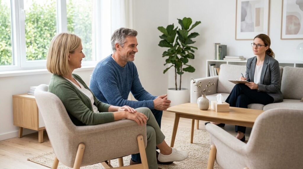 Middle-aged heterosexual couple sitting face-to-face in a br