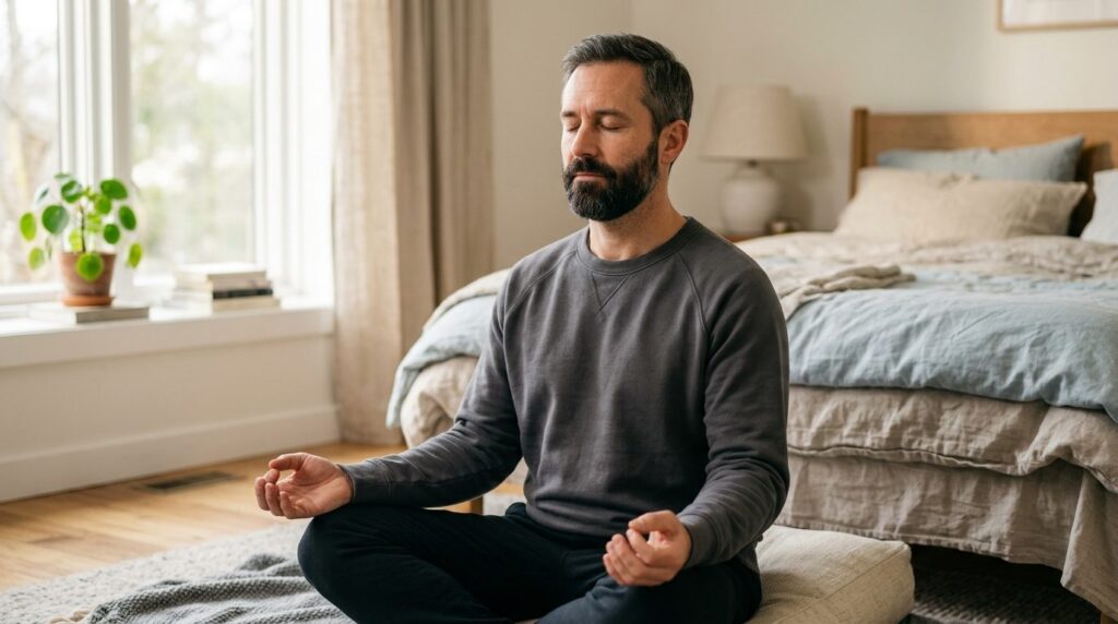 Photorealistic close-up of a man practicing mindfulness medi