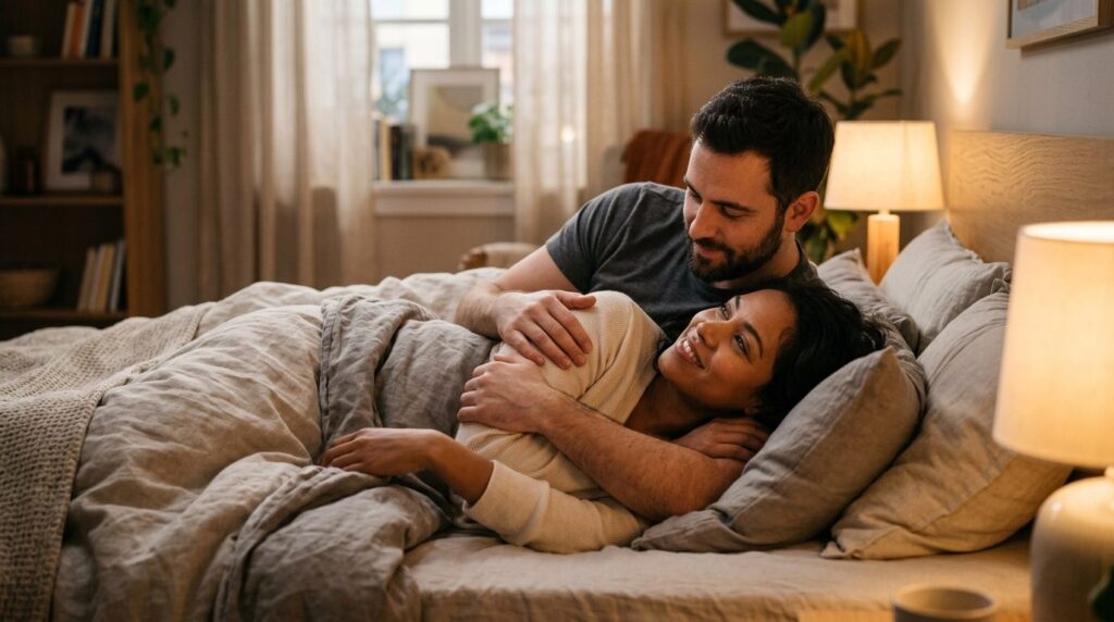 Professional stock photo of a man in bed with female partner